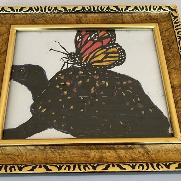 Gold Framed Plastic Wall Art Picture Turtle & Butterfly Nature Design Home Decor - Picture 5 of 9